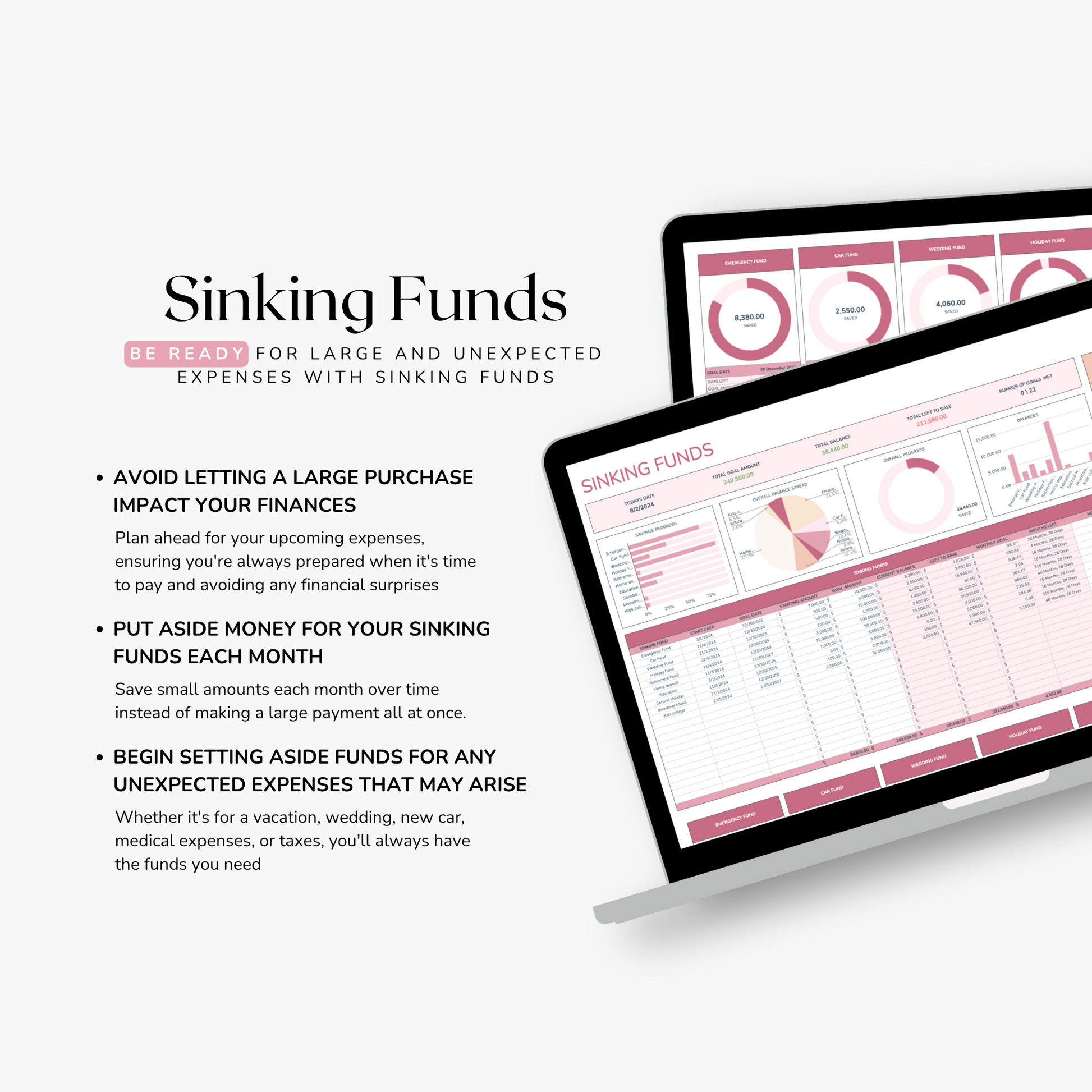 Laptop displaying a financial planning google sheets with text on sinking funds on a white background