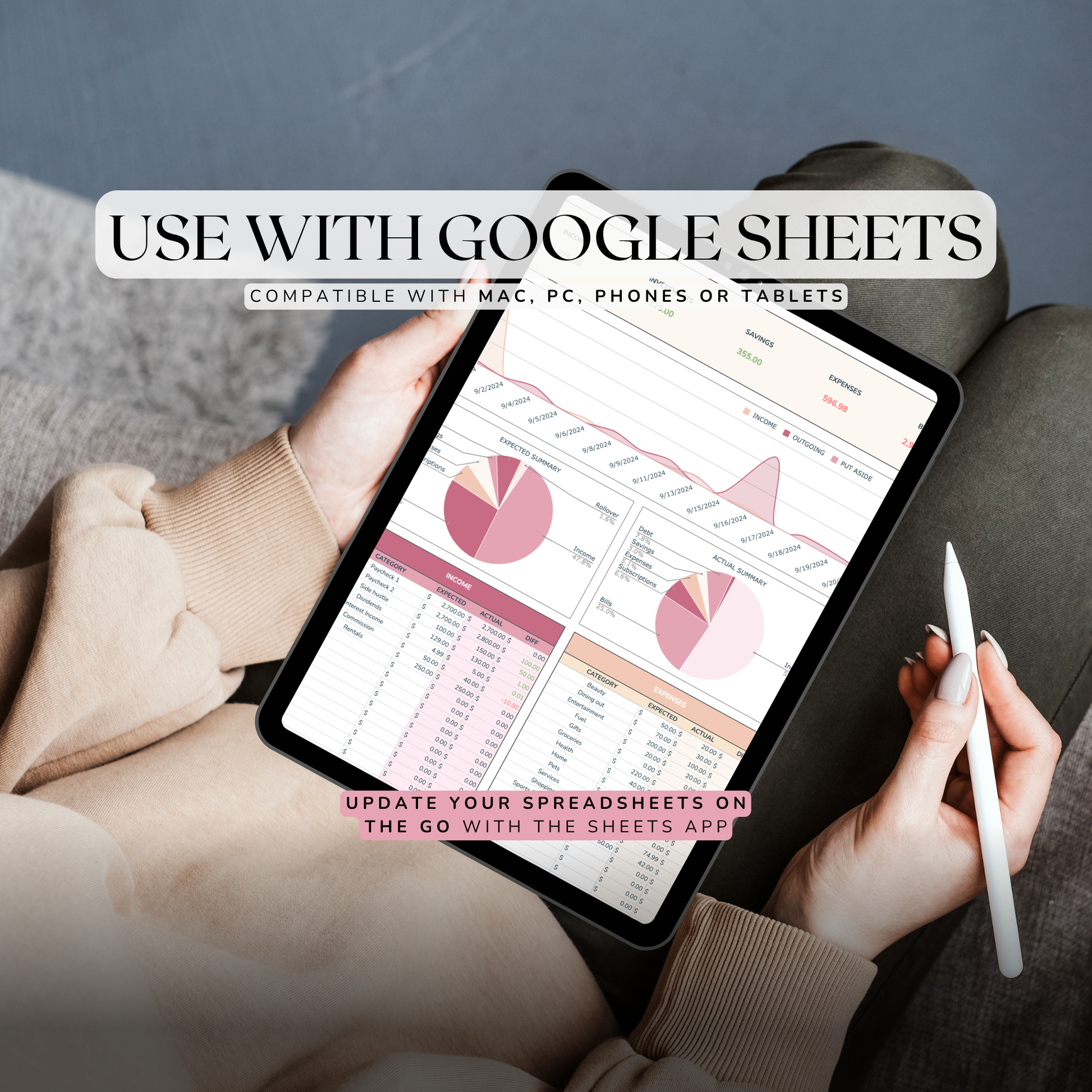 Person holding a tablet with Google Sheets app open, showing spreadsheets and charts.
