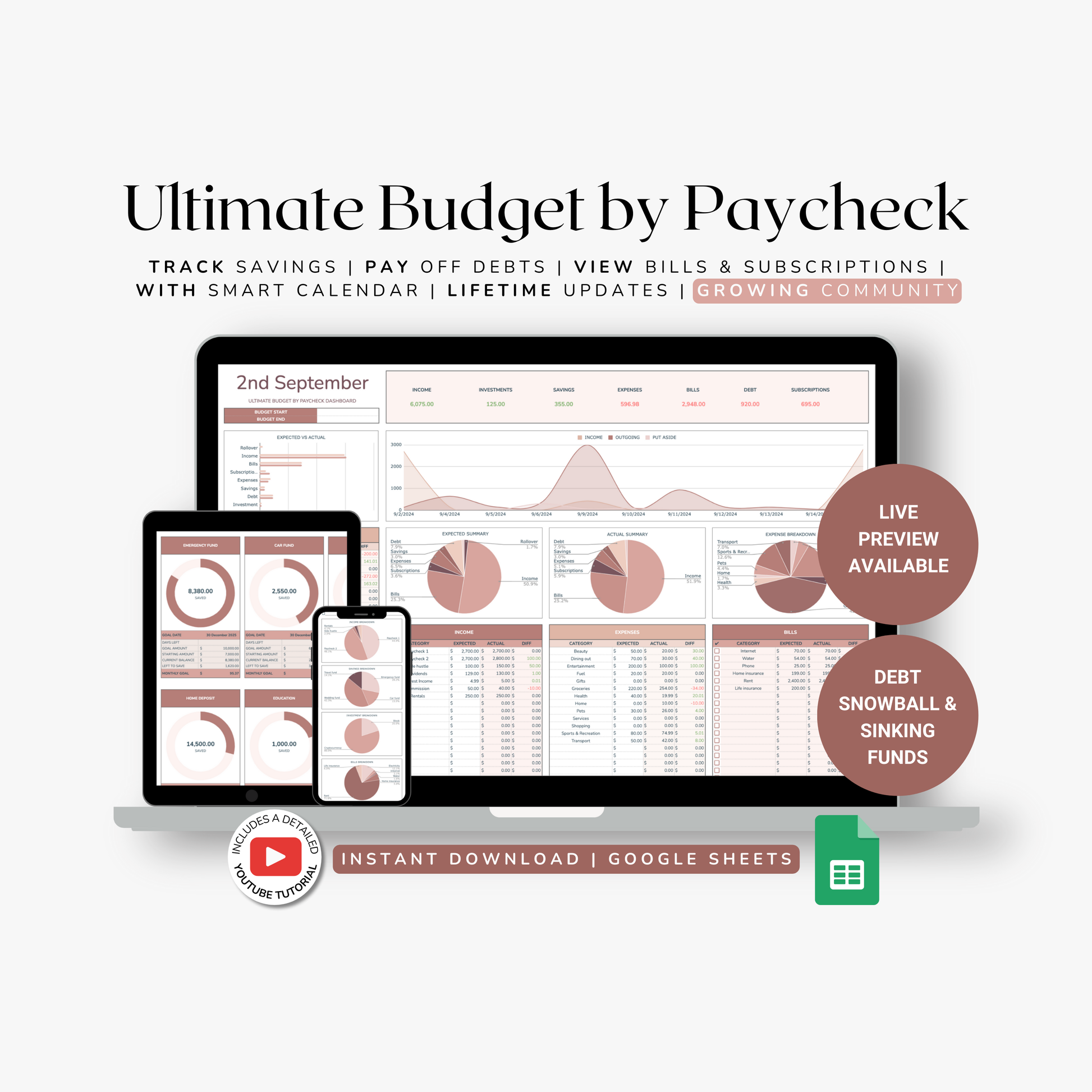 Ultimate Budget by Paycheck with digital device displays on a white background. Budget is created for google sheets.