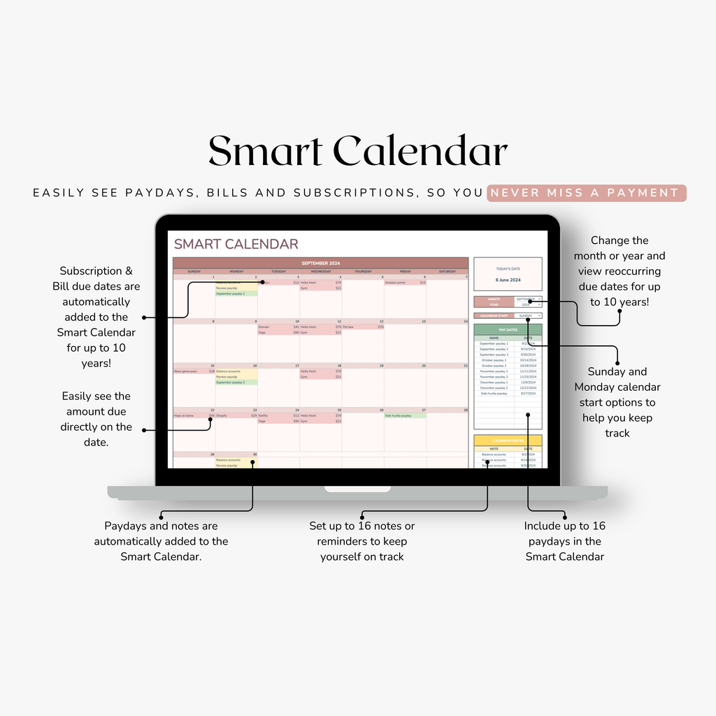 Smart Calendar budget spreadsheet on excel shown on a computer screen with features listed below.