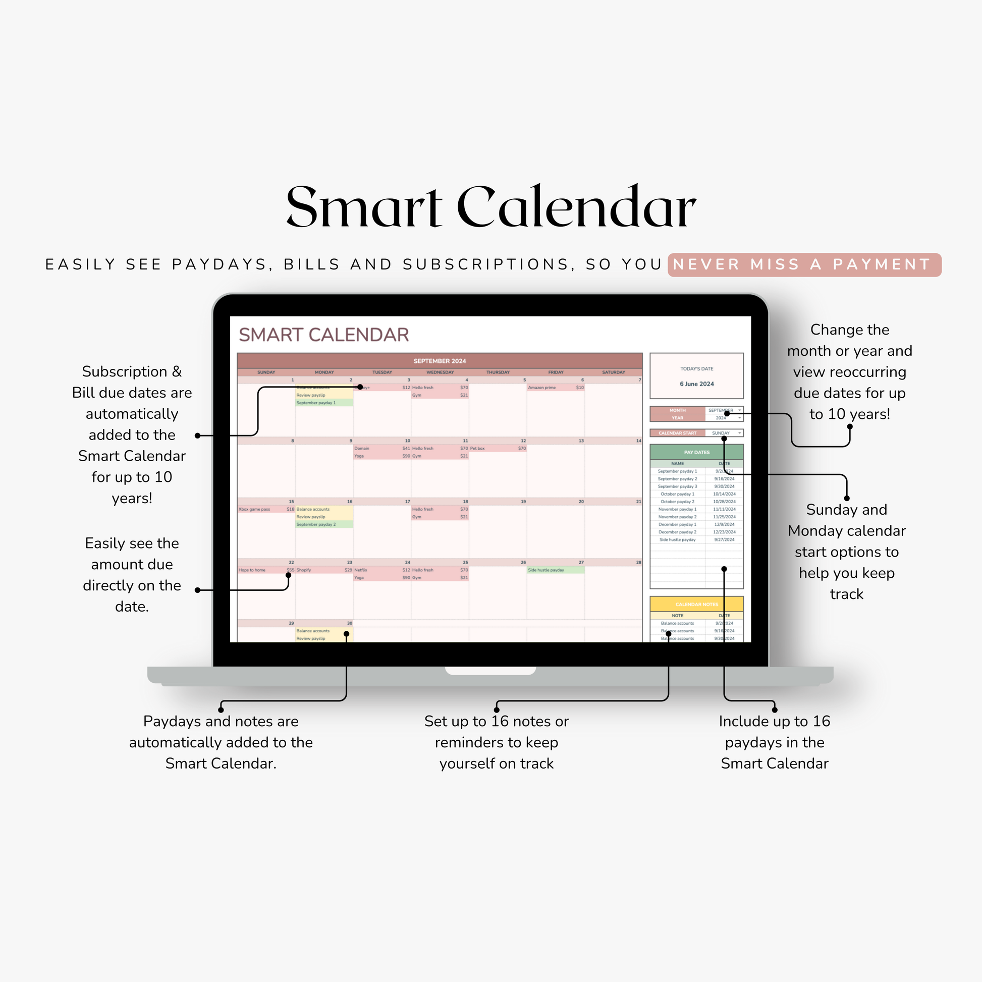 Smart Calendar budget spreadsheet on excel shown on a computer screen with features listed below.