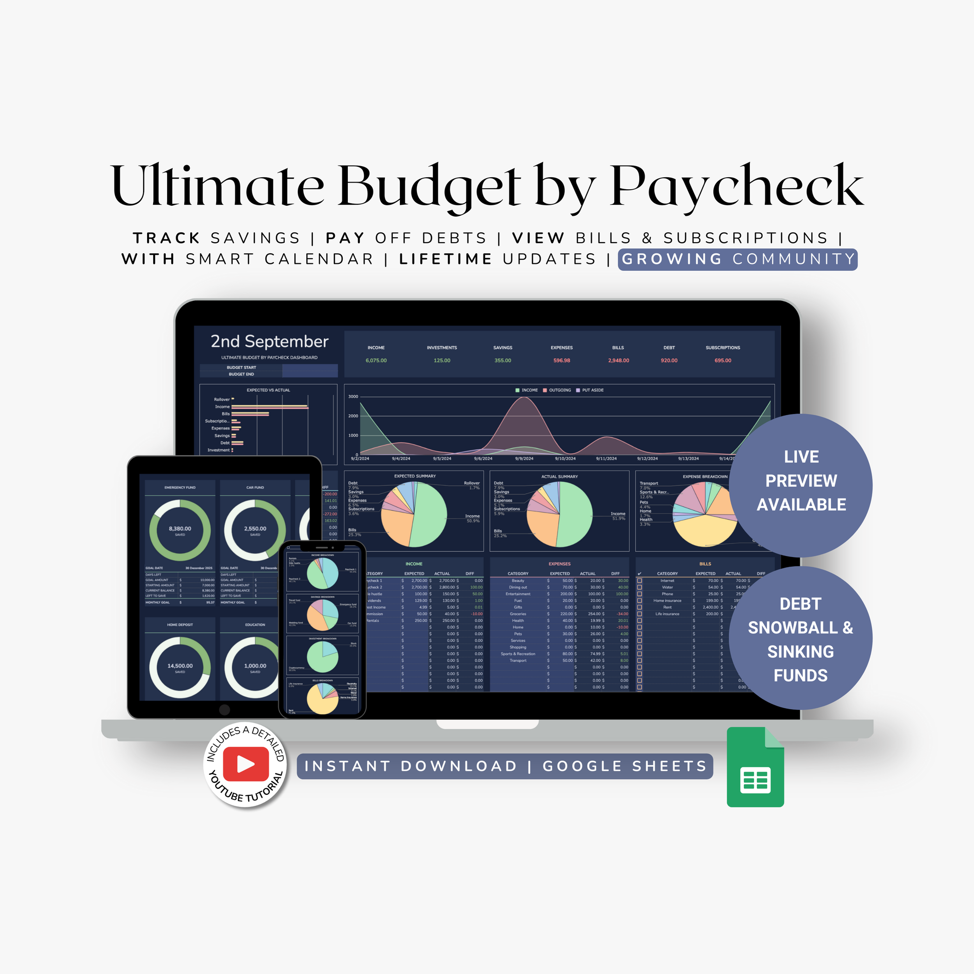 Ultimate Budget by Paycheck with digital interface on screen. Created by TheCreativePlansCo. States it has a live preview and a debt snowball calculator & Sinking funds tracker.