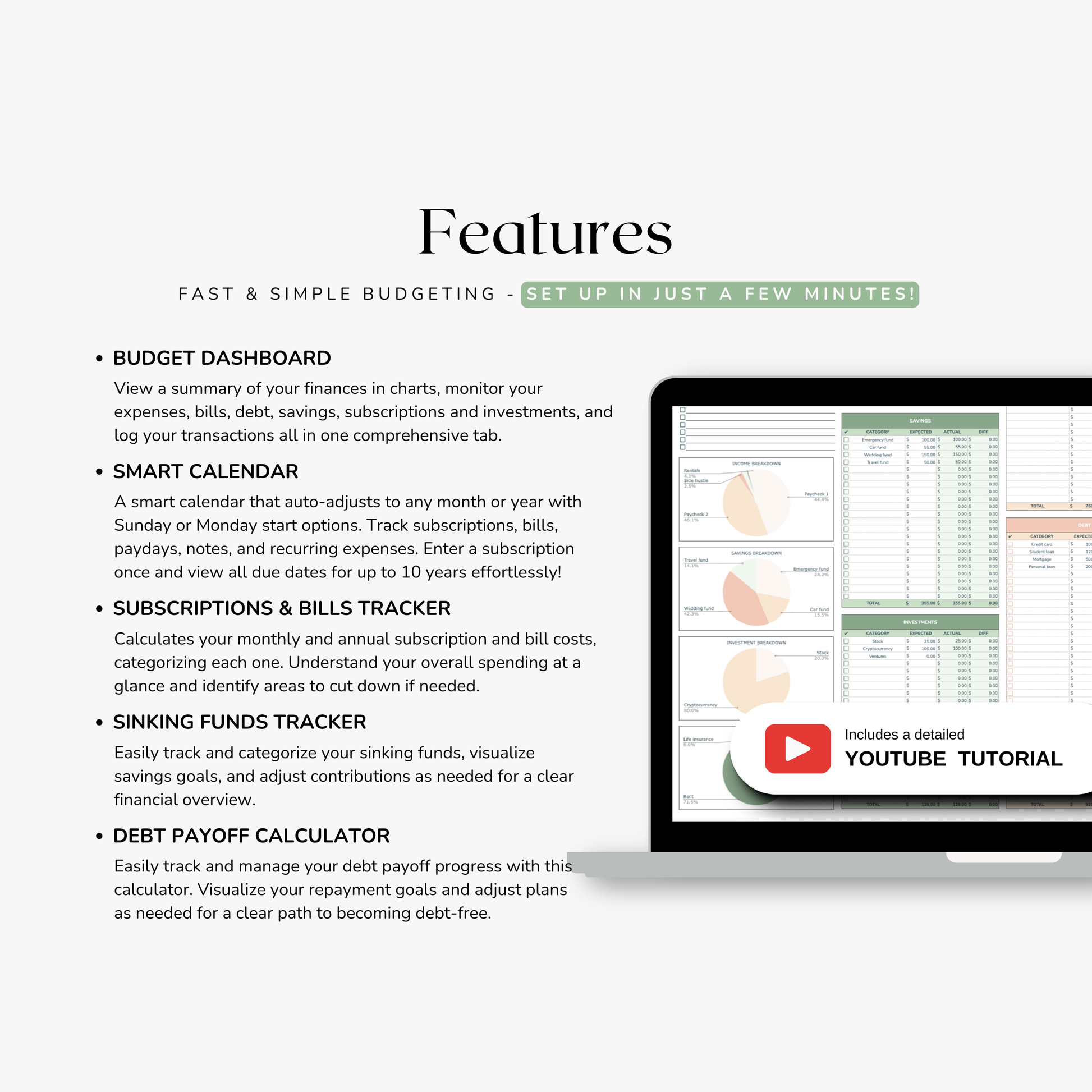 Screen displaying features of a budgeting spreadsheet with a tablet showing the budget interface. Features shown are a budget by paycheck dashboard, smart calendar, subscriptions tracker, bills tracker, sinking funds tracker, savings tracker and a debt payoff calculator.