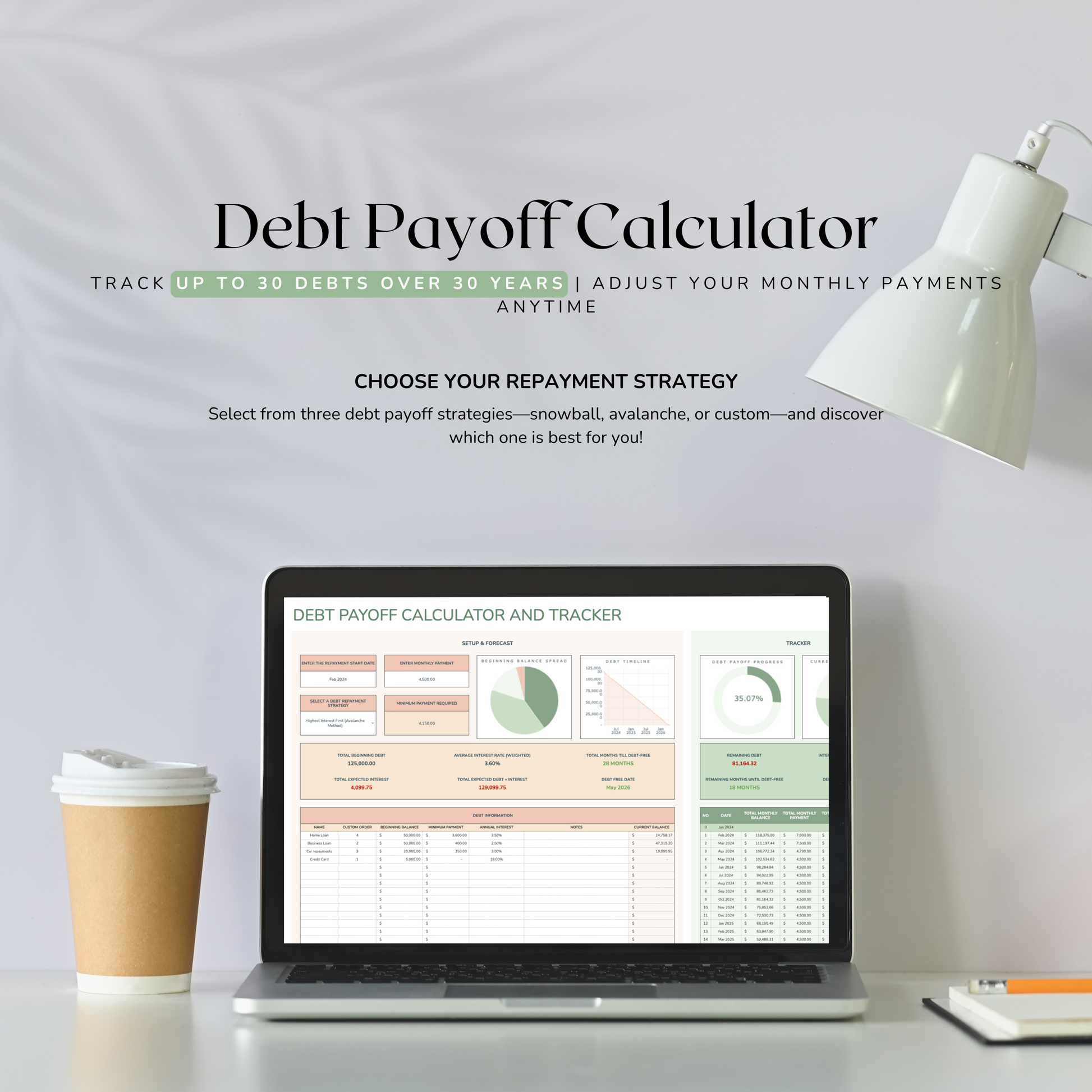 Laptop displaying a debt payoff calculator on a desk with a coffee cup and lamp.