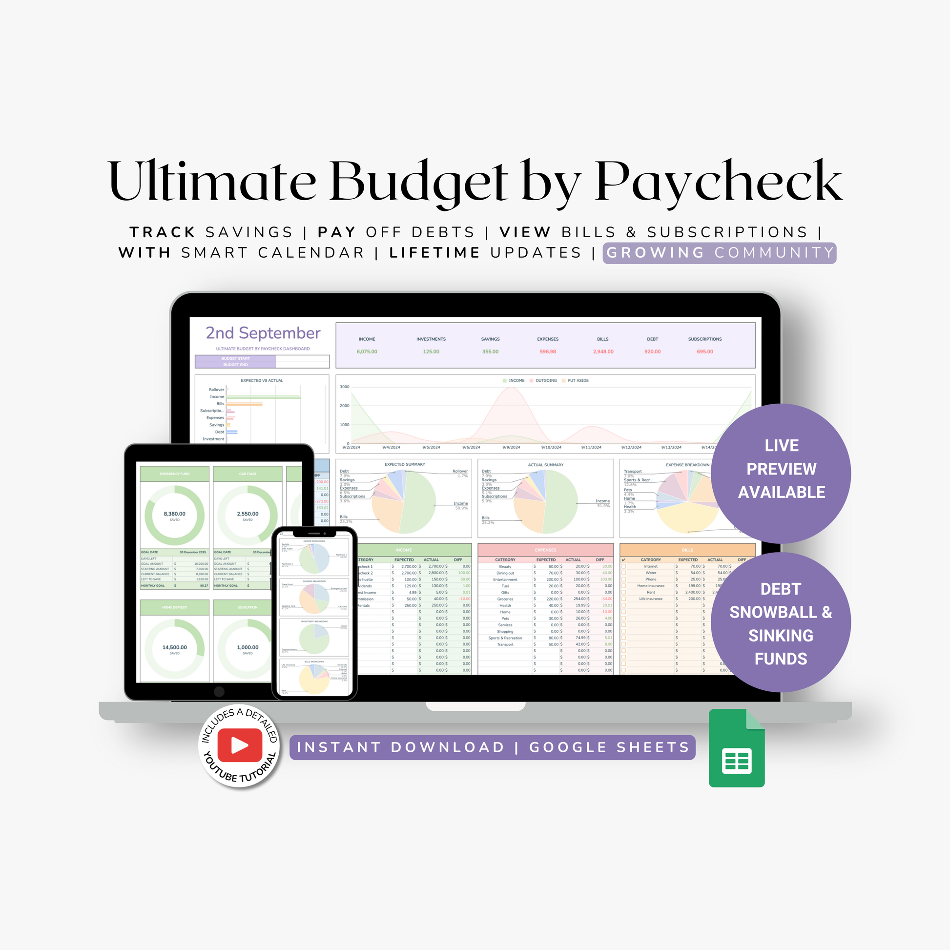 Ultimate Budget by Paycheck with digital interface on screen. Budget by payslip was designed on google sheets. 