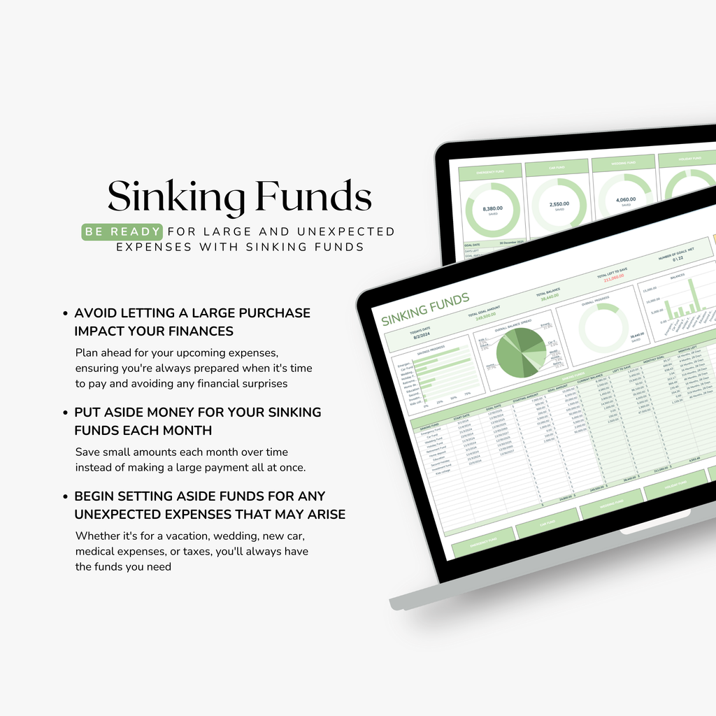 Graphic about a sinking funds tracker ith a laptop displaying financial data.