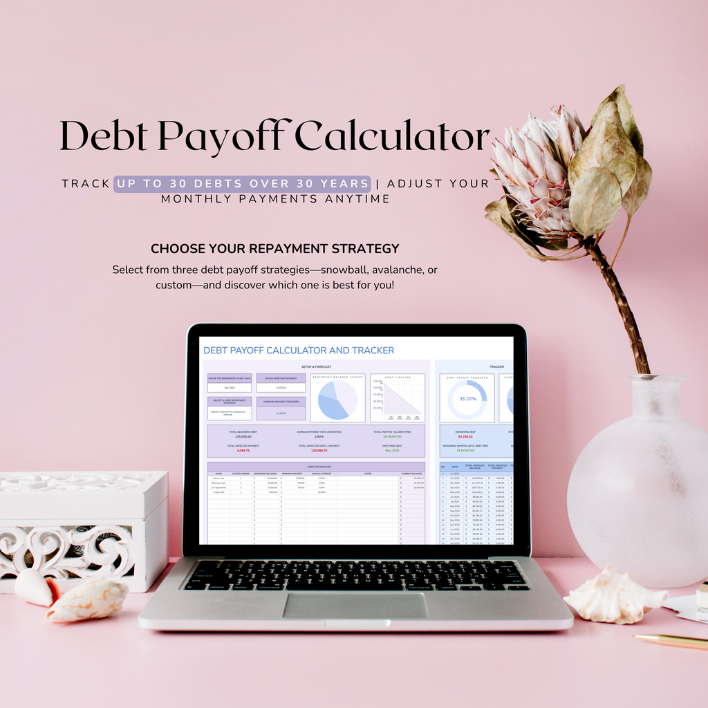 Laptop displaying a debt payoff calculator on a pink background with decorative elements. States it can calculate a repayment strategy for up to 30 debts and up to 30 years.