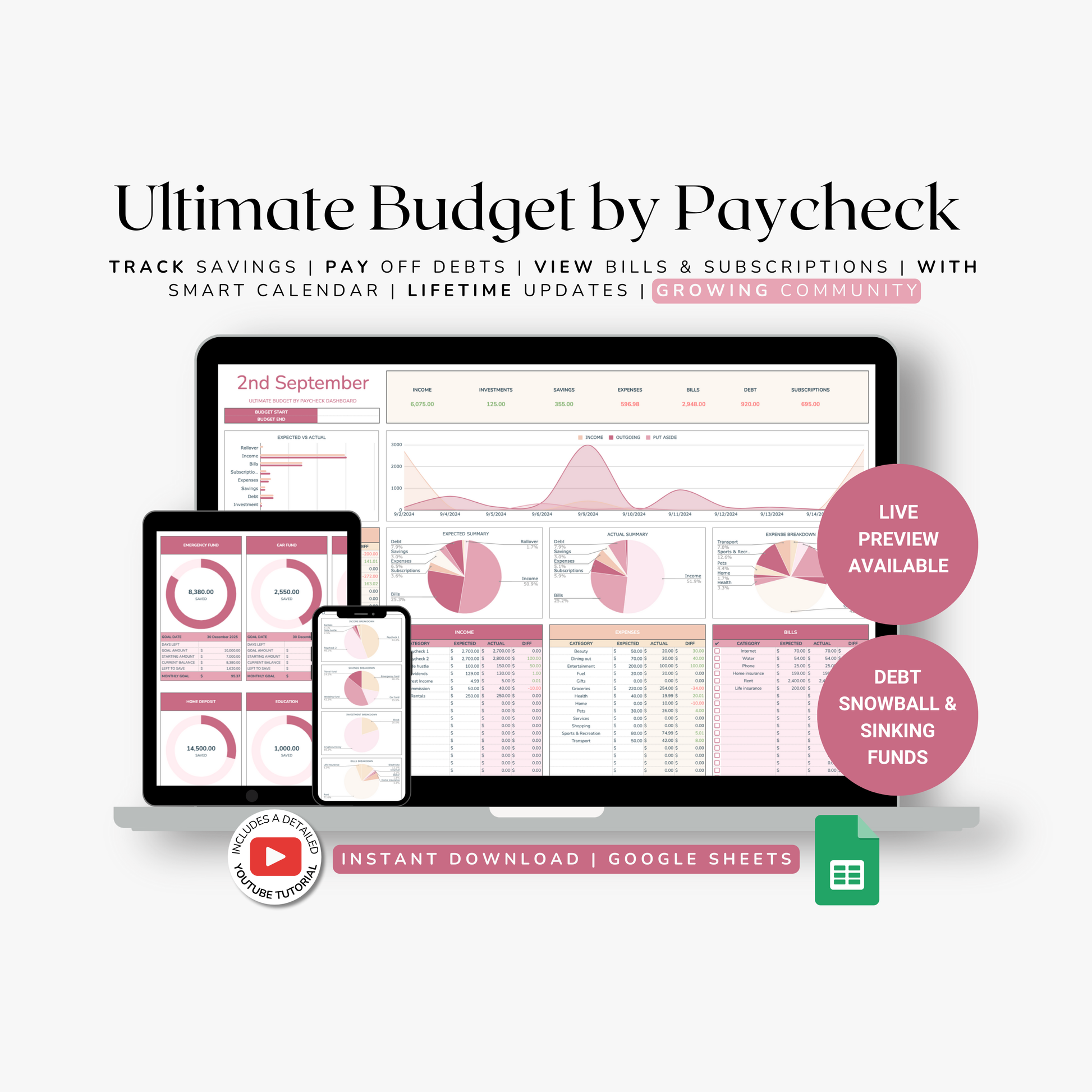 Ultimate Budget by Paycheck spreadsheet with a laptop, tablet, and smartphone displaying budgeting information on a white background.