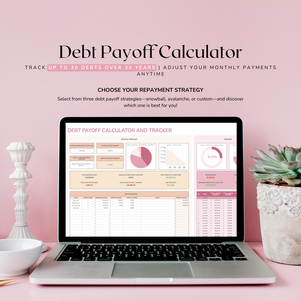 Laptop displaying a debt payoff calculator on a pink background with decorative items. Debt payoff calculator is set in a google sheets spreadsheet