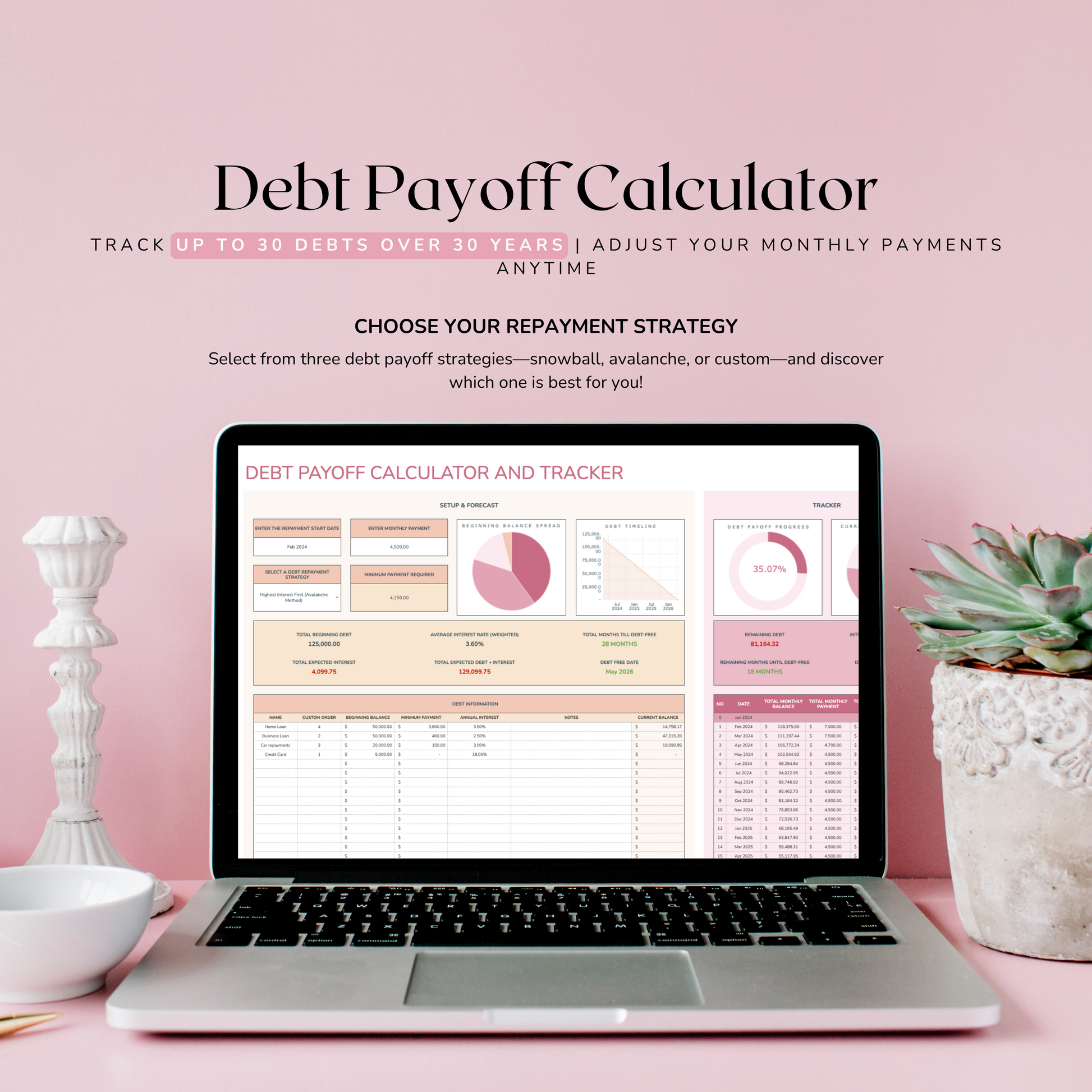 Laptop displaying a debt payoff calculator on a pink background with decorative items. Debt payoff calculator is set in a google sheets spreadsheet