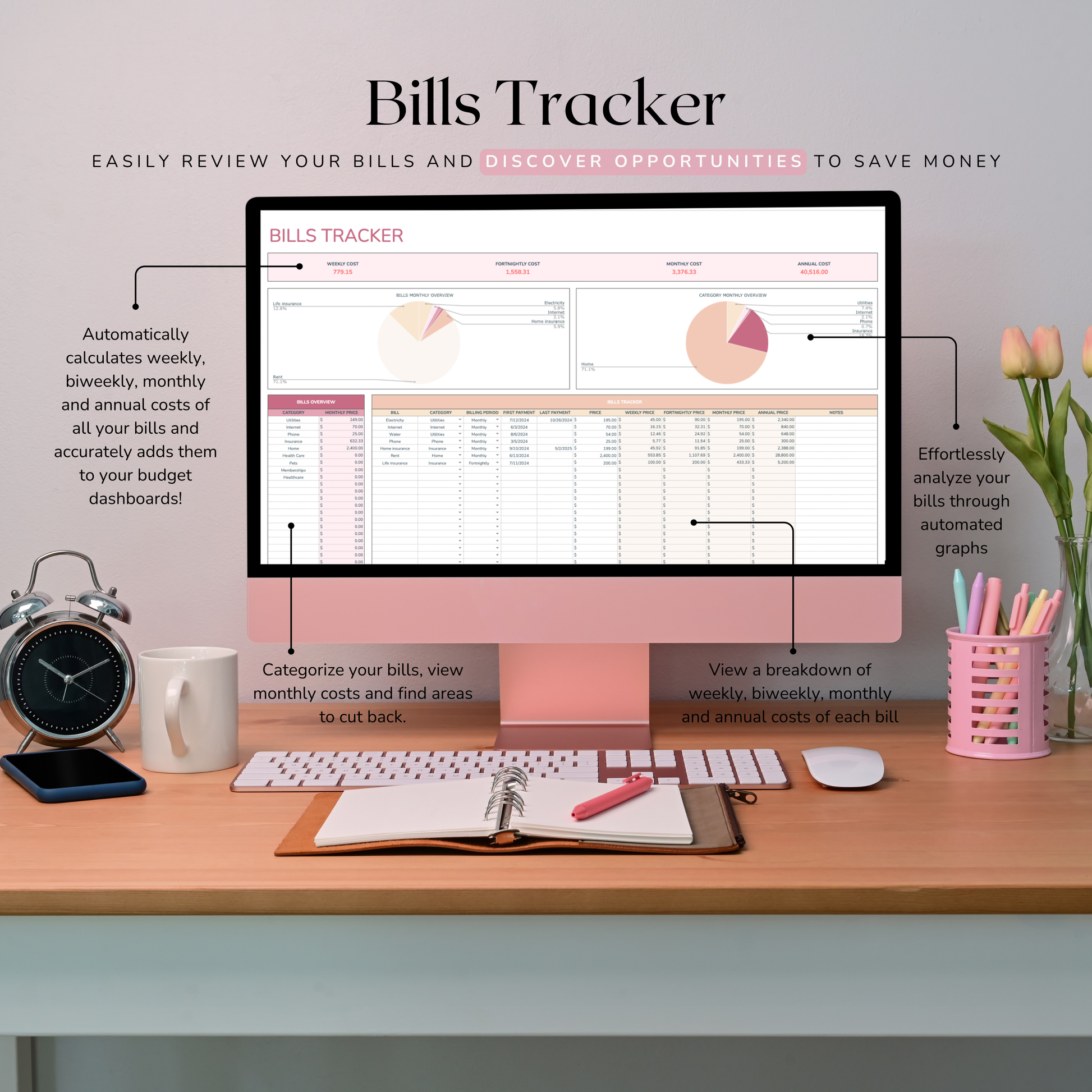 Bills tracker spreadsheet on a computer screen with a desk setup, including a mug, clock, and flowers. Bills tracker is included in a template for a paycheck budget. Bills tracker has features for automatically calculating by week, fortnight, month and paycheck.