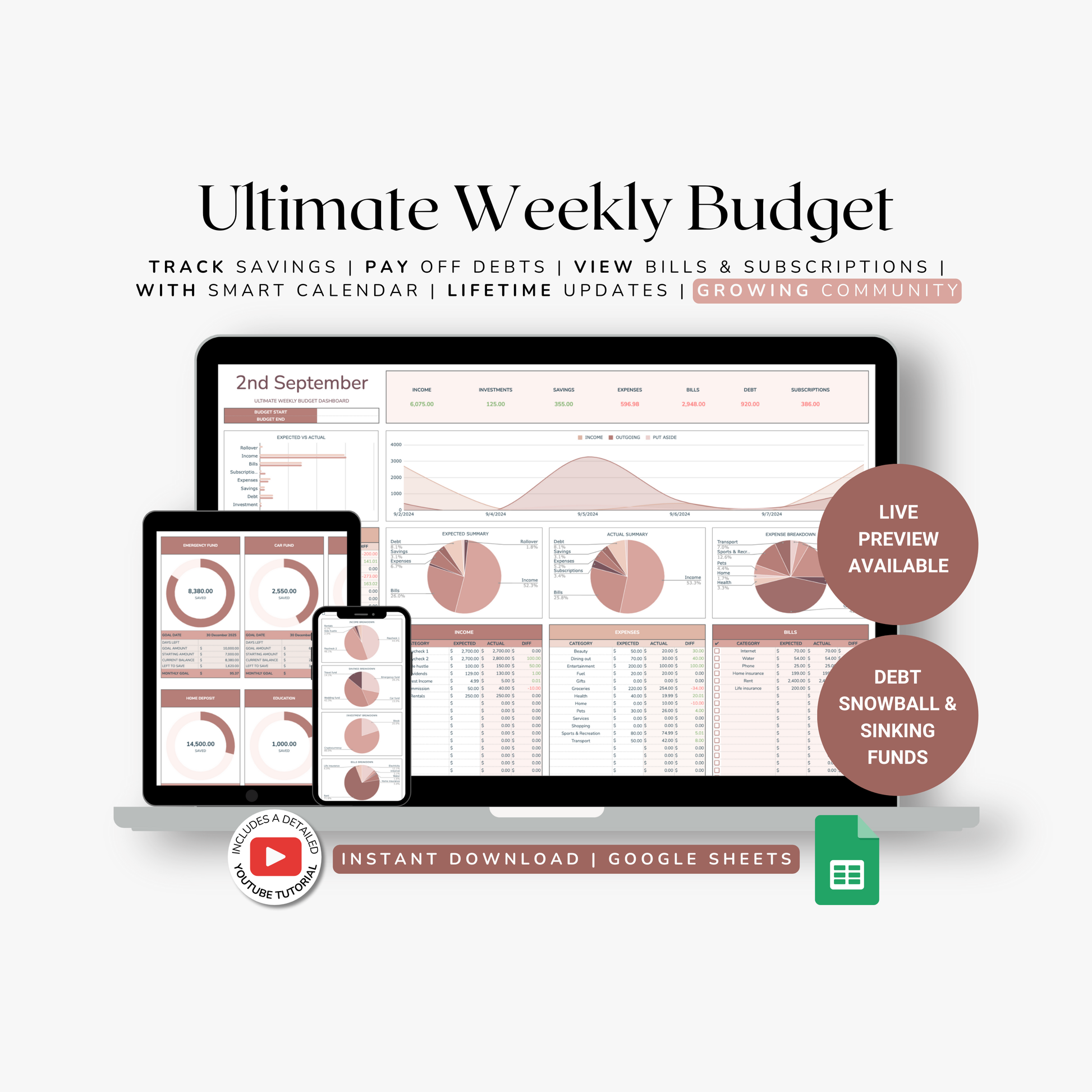 Ultimate Weekly Budget with a computer screen displaying a budget spreadsheet.