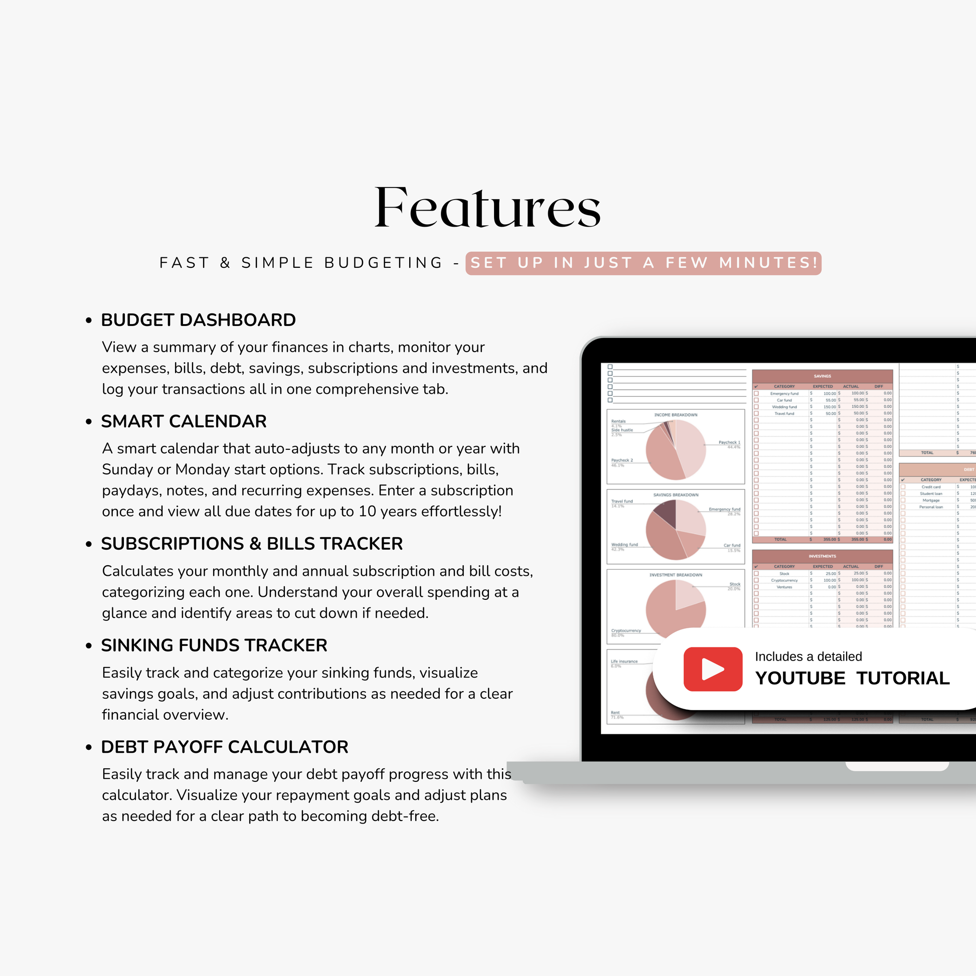 Screen displaying features of a budgeting spreadsheet in googlesheets with a tablet showing excel. Features such as Weekly budget dashboard, Smart Calendar, Subscriptions Tracker, Bills tracker, sinking funds tracker, savings tracker and a debt payoff calculator. 