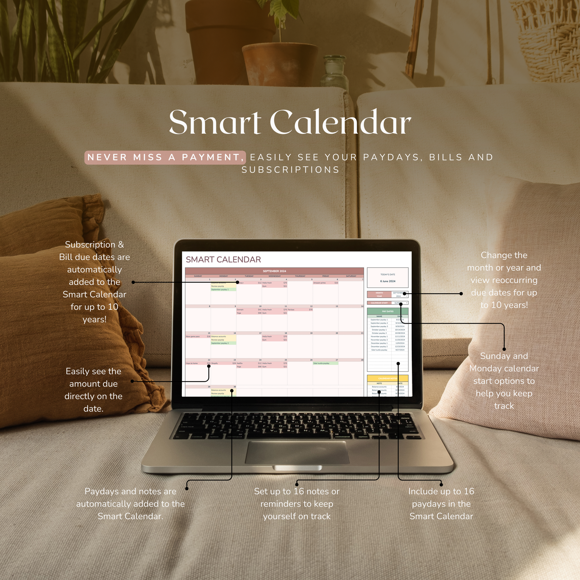 Laptop on a couch displaying a smart calendar spreadsheet with lifestyle background. Shows features such as payday and note tracking.
