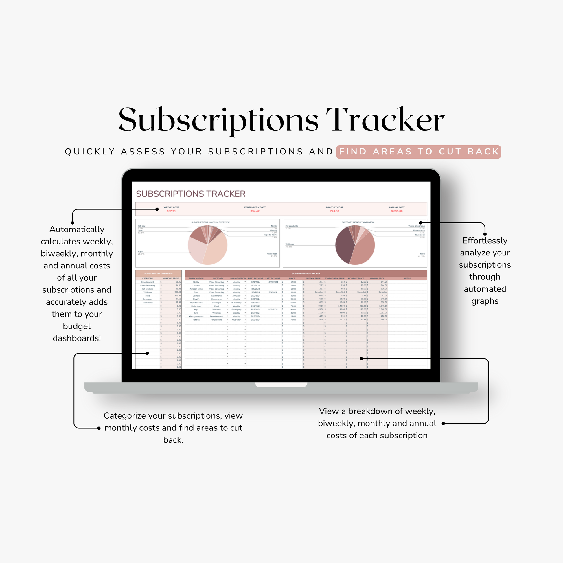 Subscriptions Tracker googlesheet on a laptop screen with text describing features. Features such as breakdown by week, fortnight, month and year. 