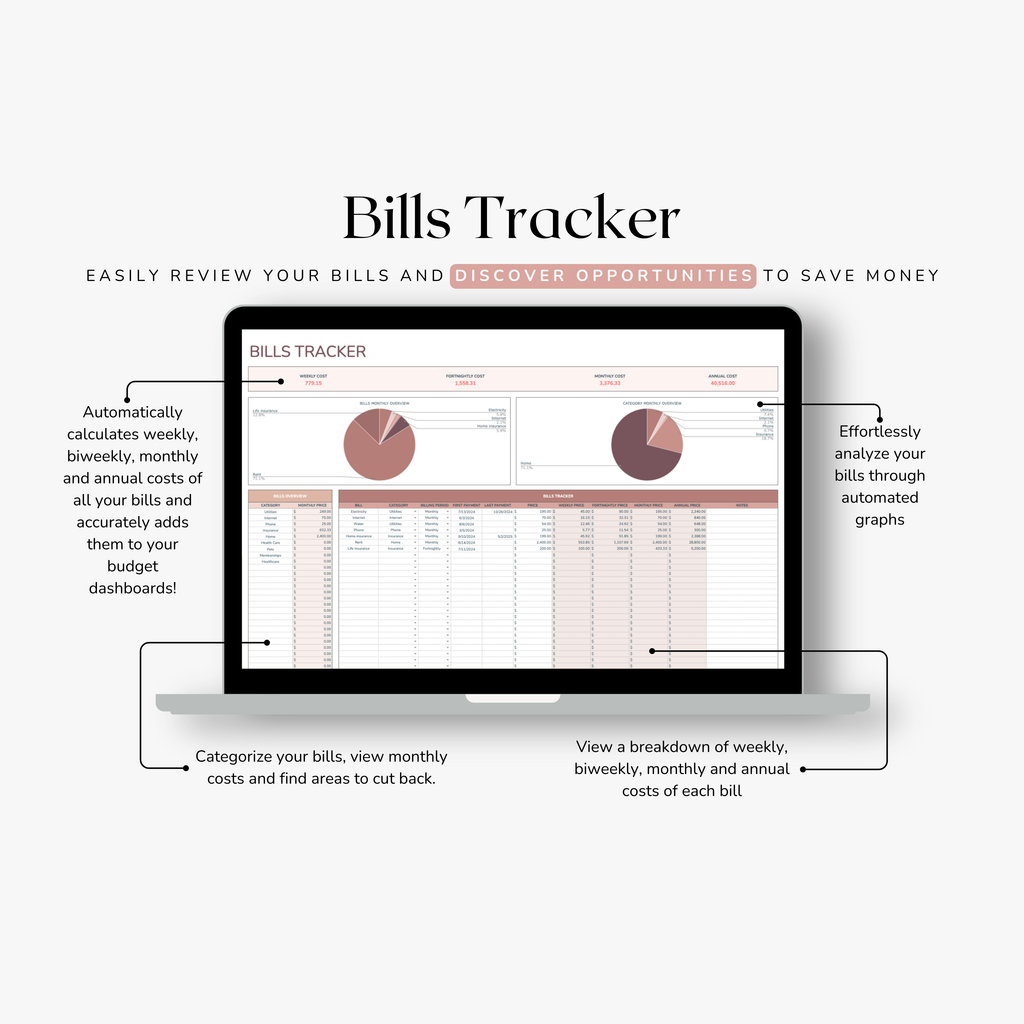 Bills tracker spreadsheet on a laptop screen with text describing features. Features such as automate calculations for weekly, fortnight, monthly and annual costs of bills. 