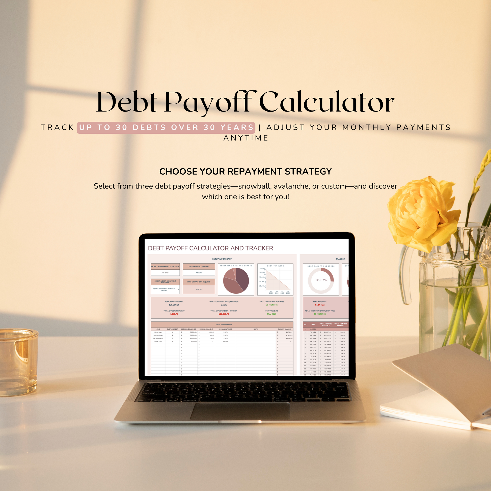Laptop displaying a debt payoff calculator on a desk with a vase of flowers. Debt payoff calculator is in google sheets. 