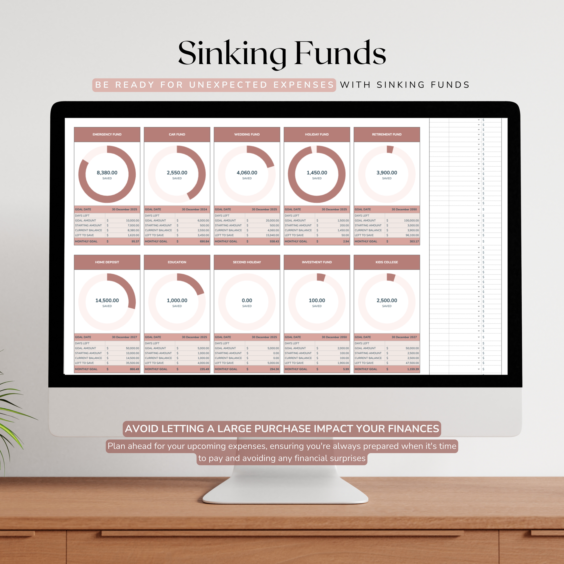 Computer monitor displaying a financial planning tool for sinking funds on a wooden desk. Sinking funds tracker is also known as a savings tracker.