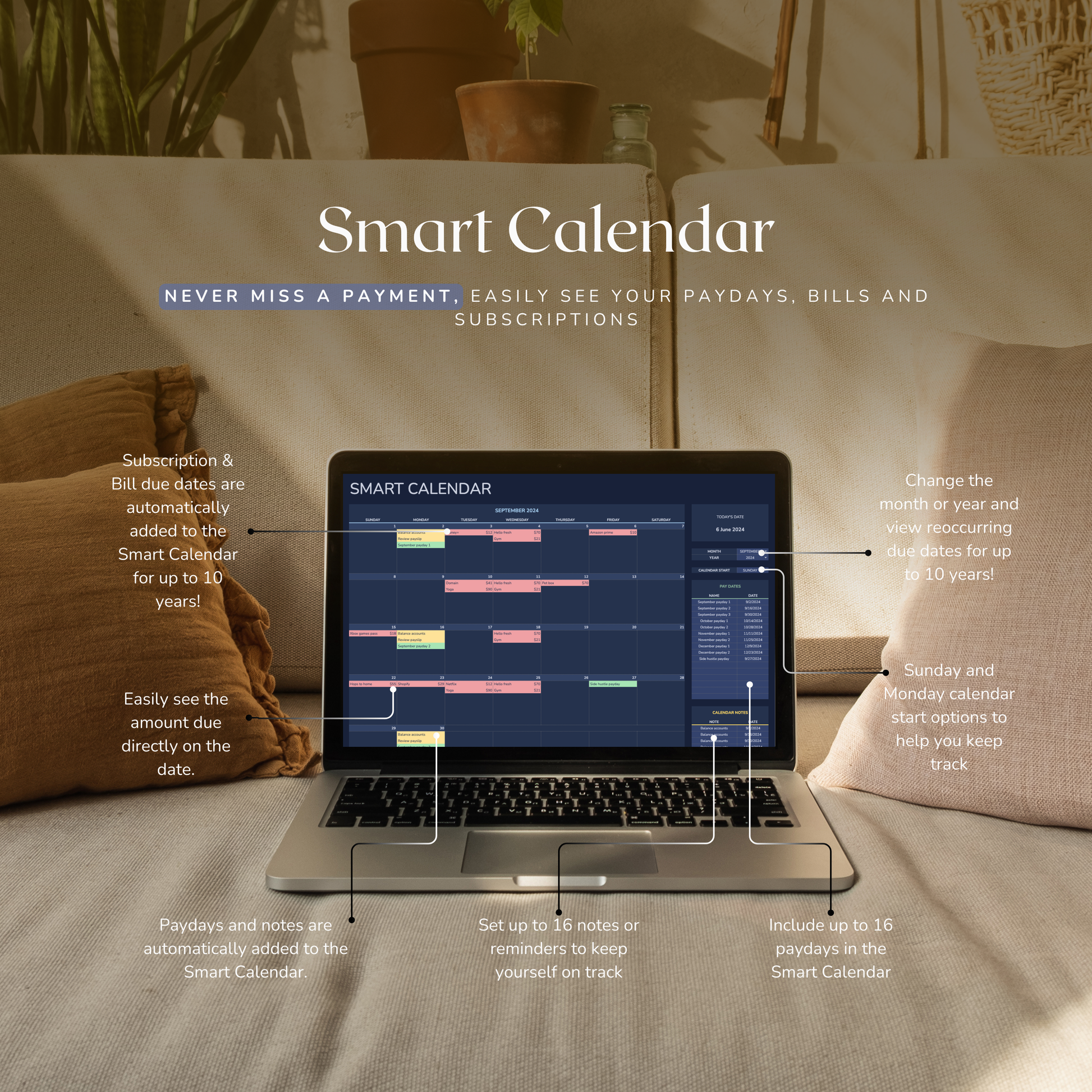 Laptop displaying a smart calendar on a blurred home background. Smart calendar is created on googlesheets.