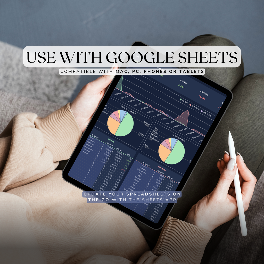 Person holding a tablet with a Google Sheets weekly budget planner open, sitting on a couch.