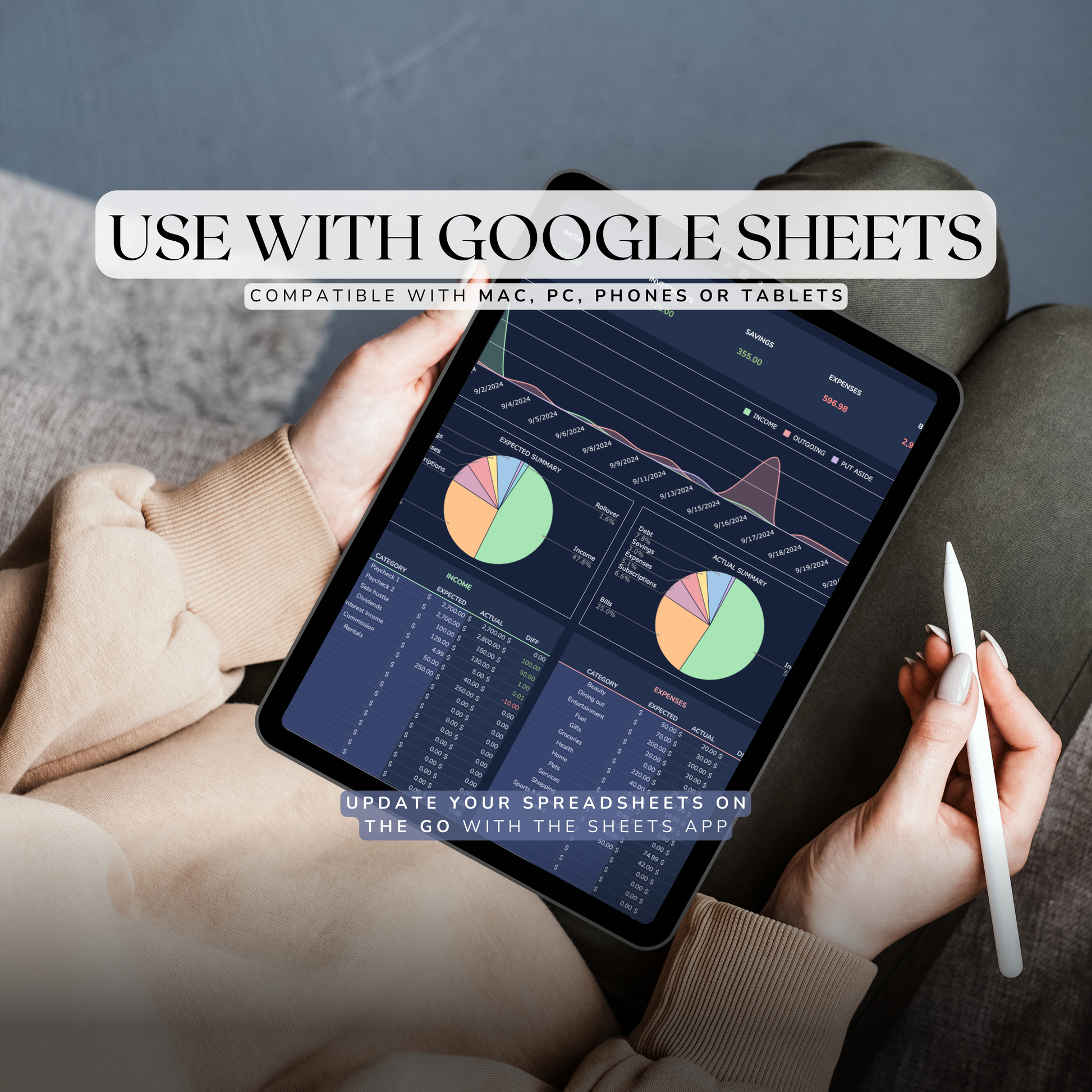 Person holding a tablet with a Google Sheets weekly budget planner open, sitting on a couch.
