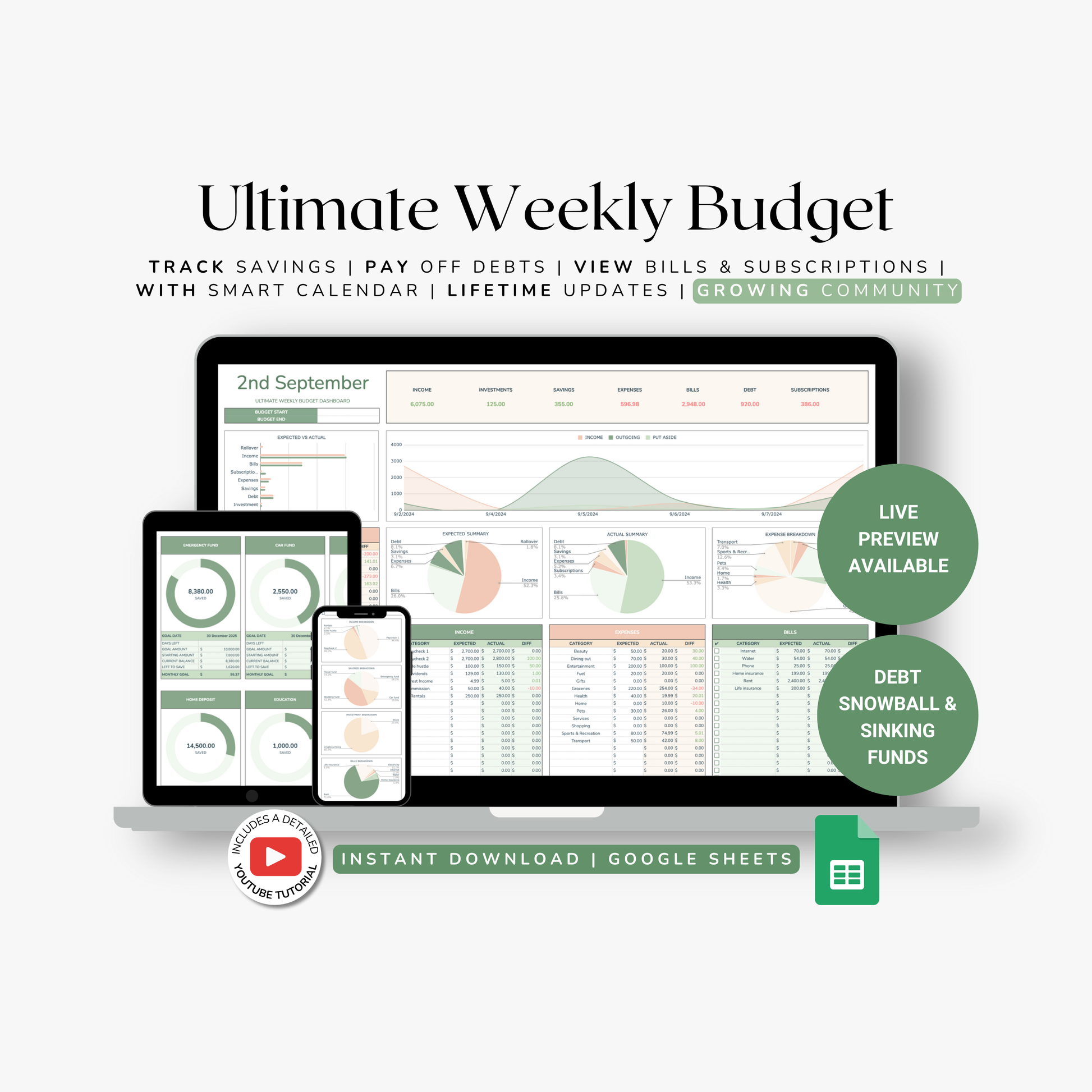 Ultimate Weekly Budget planner with a laptop, tablet, and smartphone displaying budgeting template.