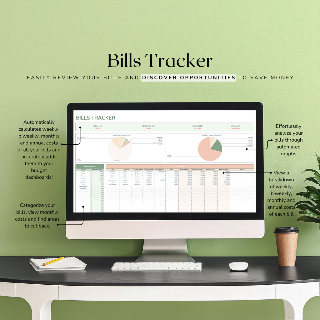 Computer monitor displaying a bills tracker spreadsheet on a green background. Bills tracker shows features such as weekly, biweekly, monthly and annual breakdowns. 