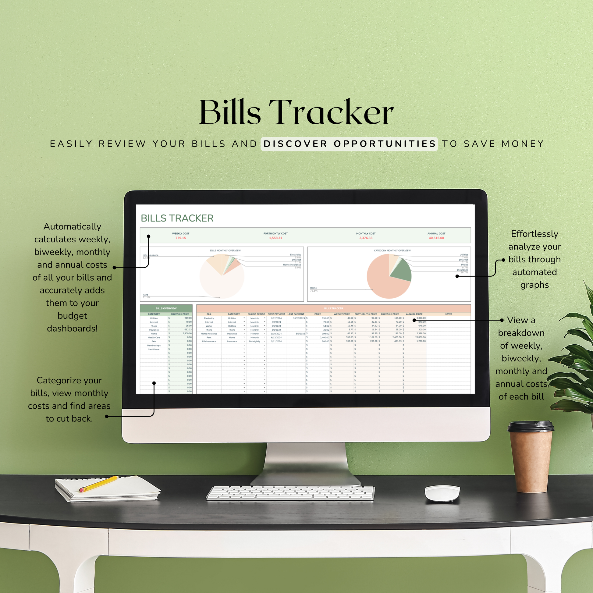 Computer monitor displaying a bills tracker spreadsheet on a green background. Bills tracker shows features such as weekly, biweekly, monthly and annual breakdowns. 