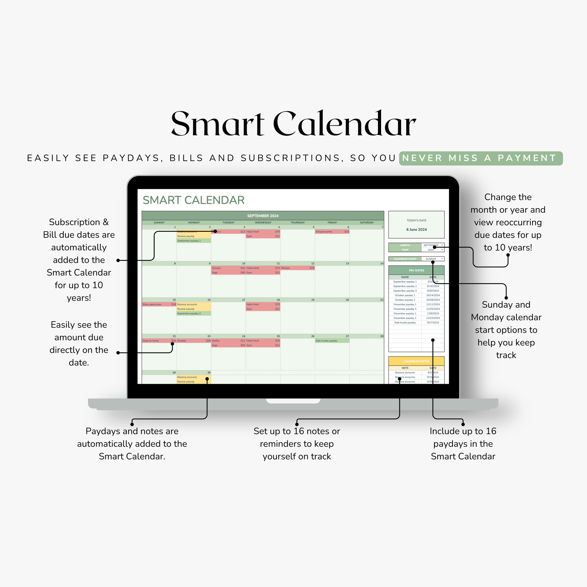 Smart Calendar spreadsheet on a computer screen with features listed below.