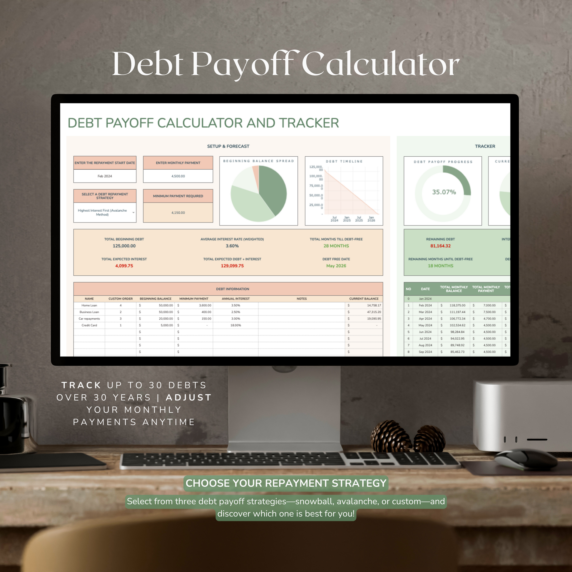 Computer monitor displaying a debt payoff calculator tracker on google sheets. 