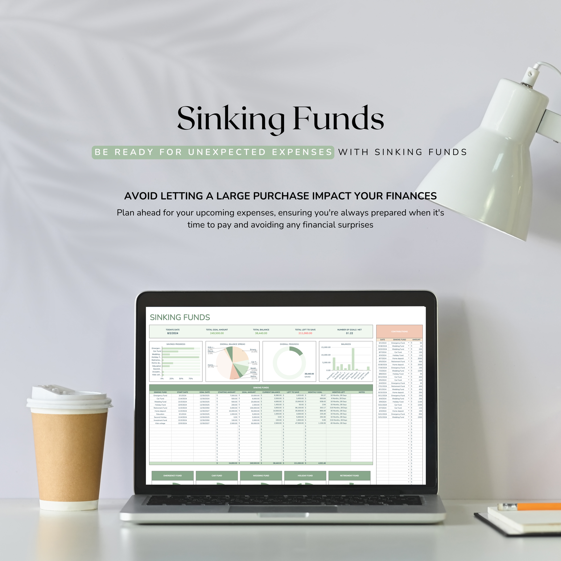 Laptop displaying a financial spreadsheet for sinking funds tracking on a desk with a lamp and coffee cup.