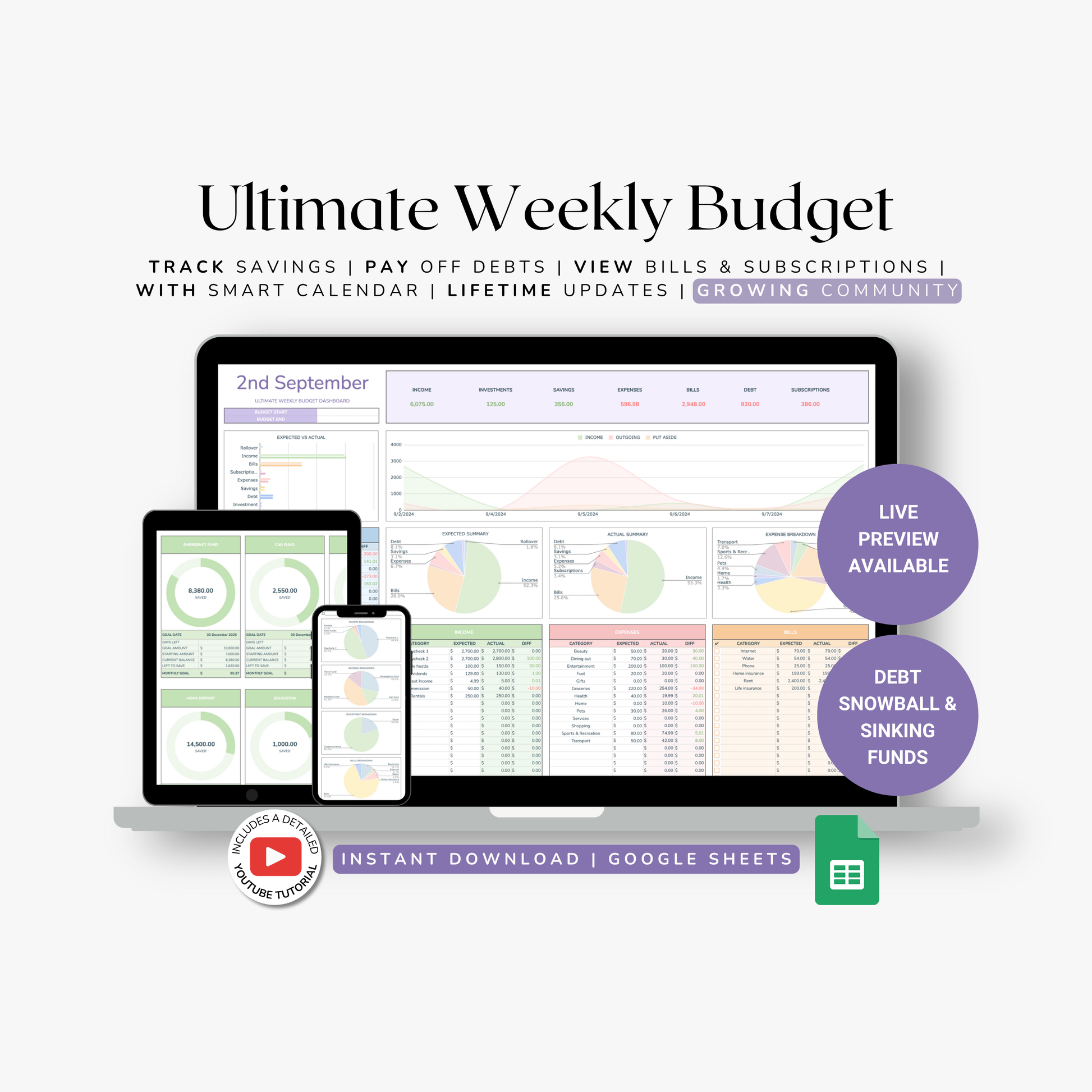 Ultimate Weekly Budget spreadsheet with a laptop, tablet, and smartphone displaying budgeting information on a white background.