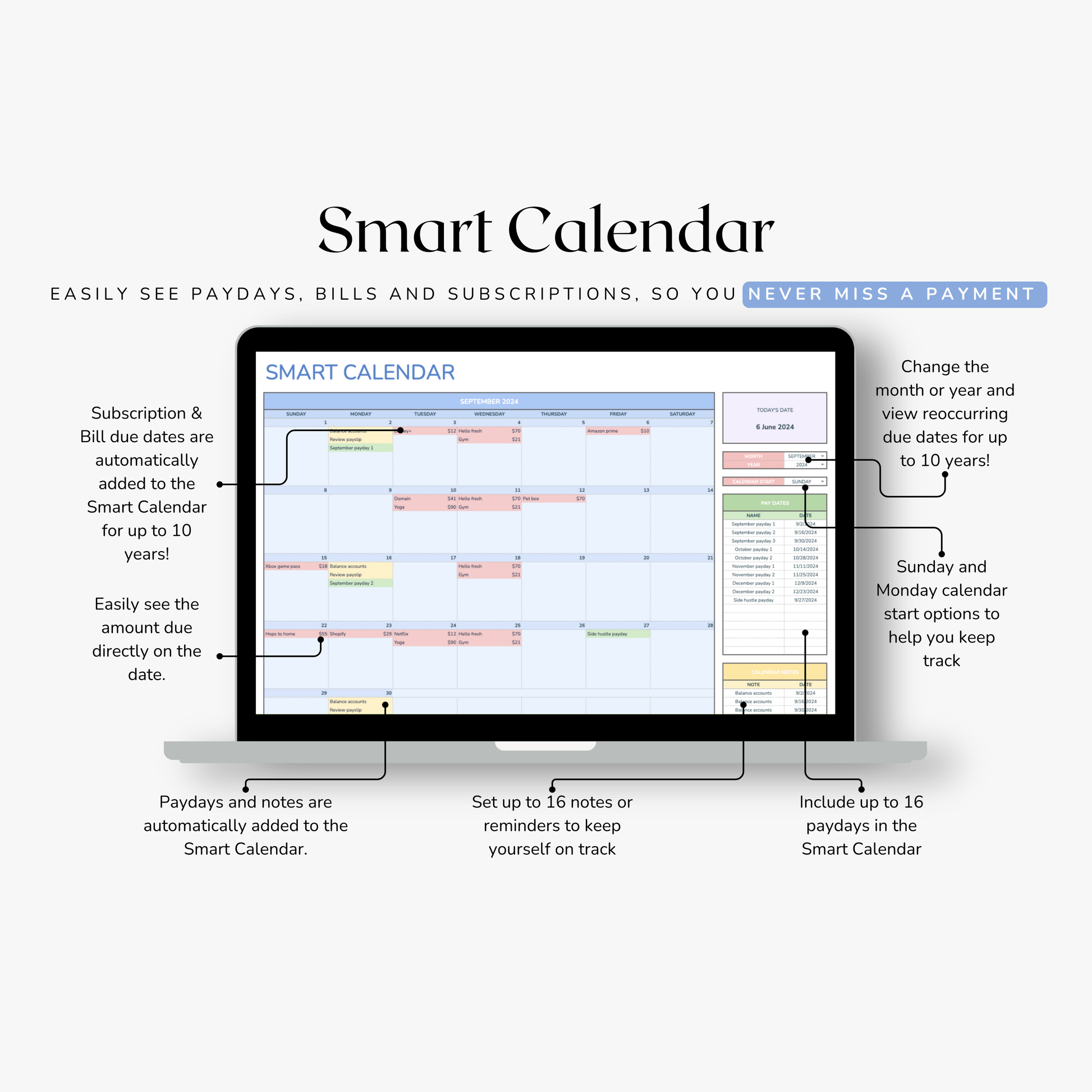 Smart Calendar in google sheets displaying on a computer screen with features highlighted such as automated paydays and notes.
