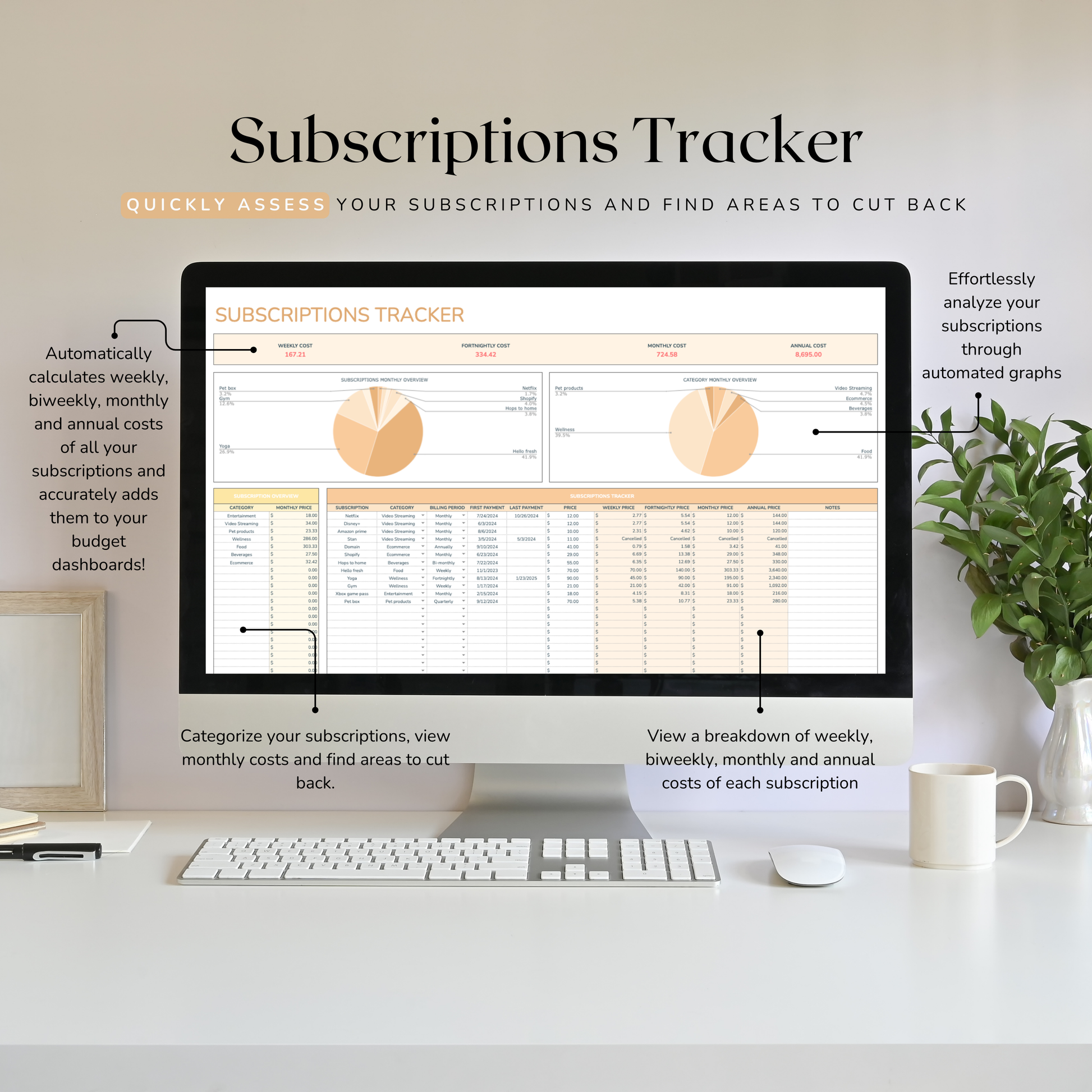 Computer monitor displaying a subscriptions tracker with a desk setup and plant in the background. Picture shows features such as weekly, biweekly, monthly and annual breakdowns. 
