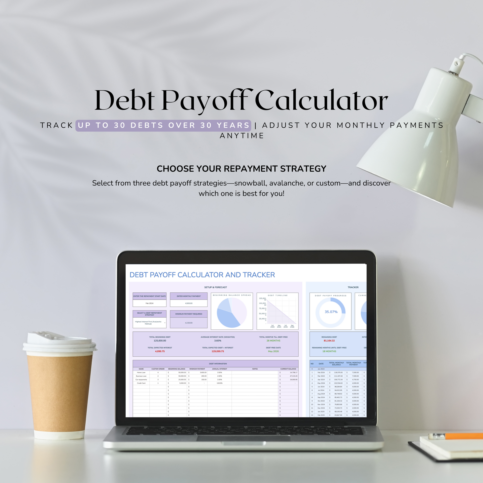 Laptop displaying a debt payoff calculator made in google sheets on a desk with a cup of coffee and lamp.