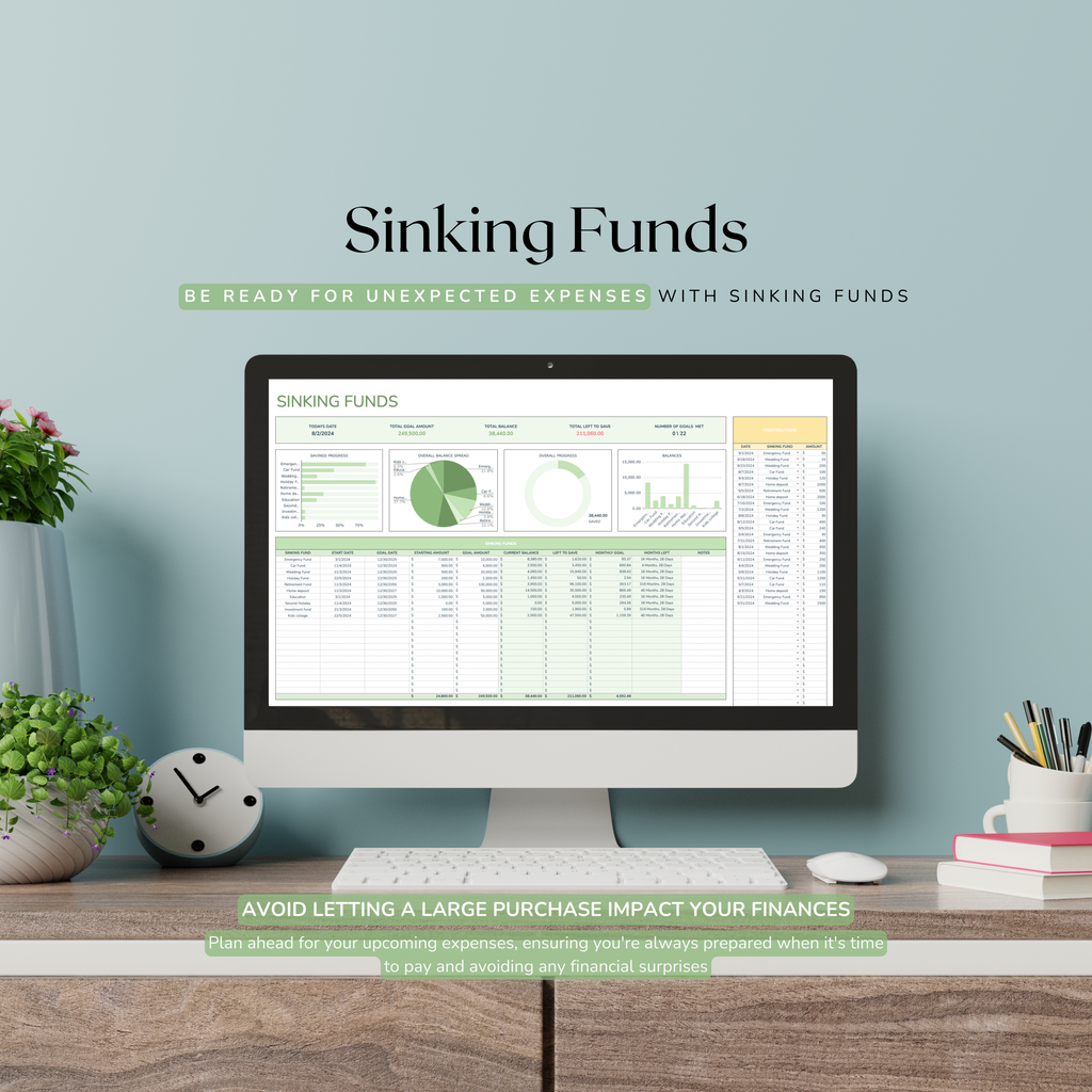 Computer monitor displaying a sinking funds excel spreadsheet on a desk with decorative items.