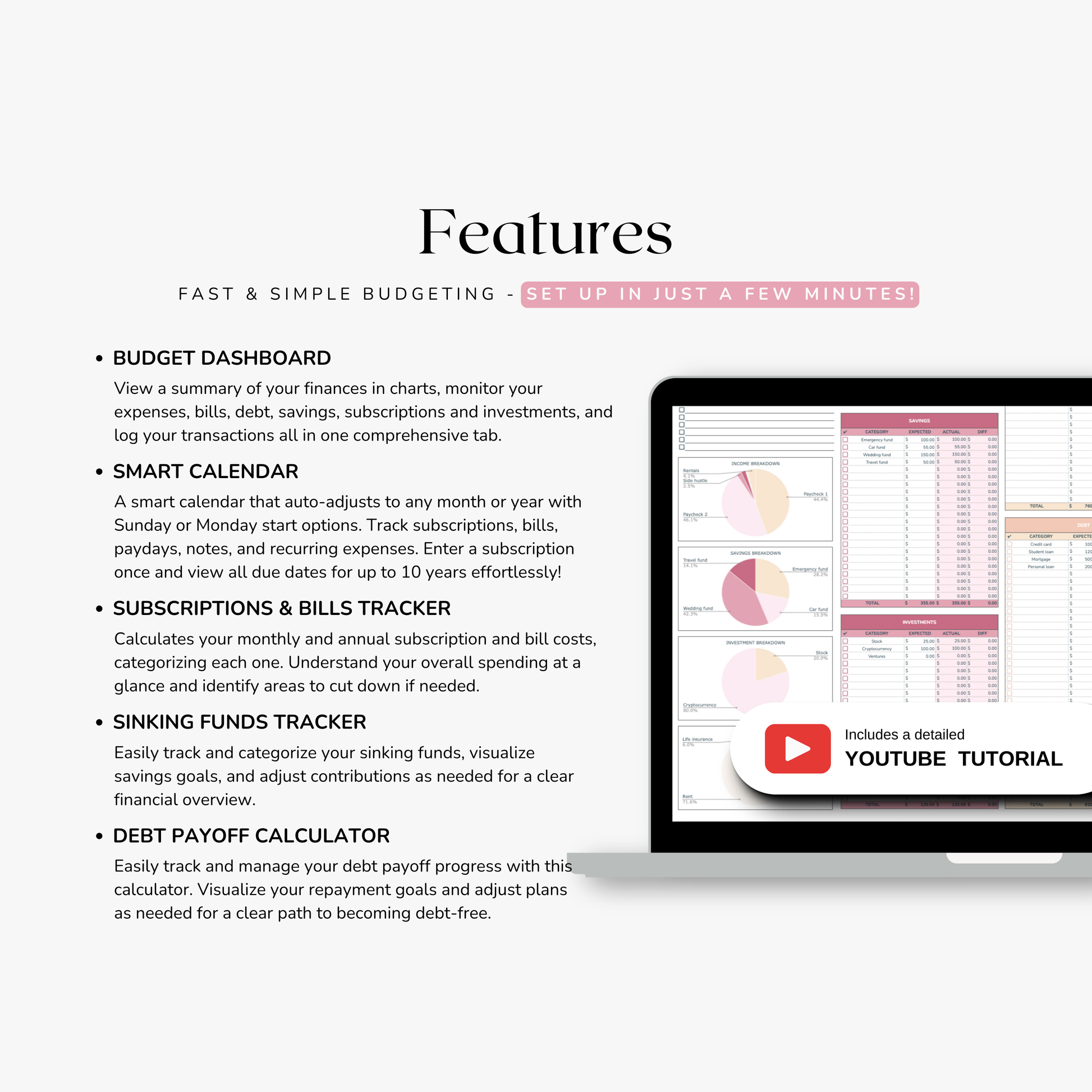 Screen displaying features of a weekly budgeting spreadsheet with a tablet showing app interface. Features showing a budget dashboard, smart calendar, subscriptions tracker, bills tracker, sinking funds tracker or savings tracker and a debt payoff calculator.