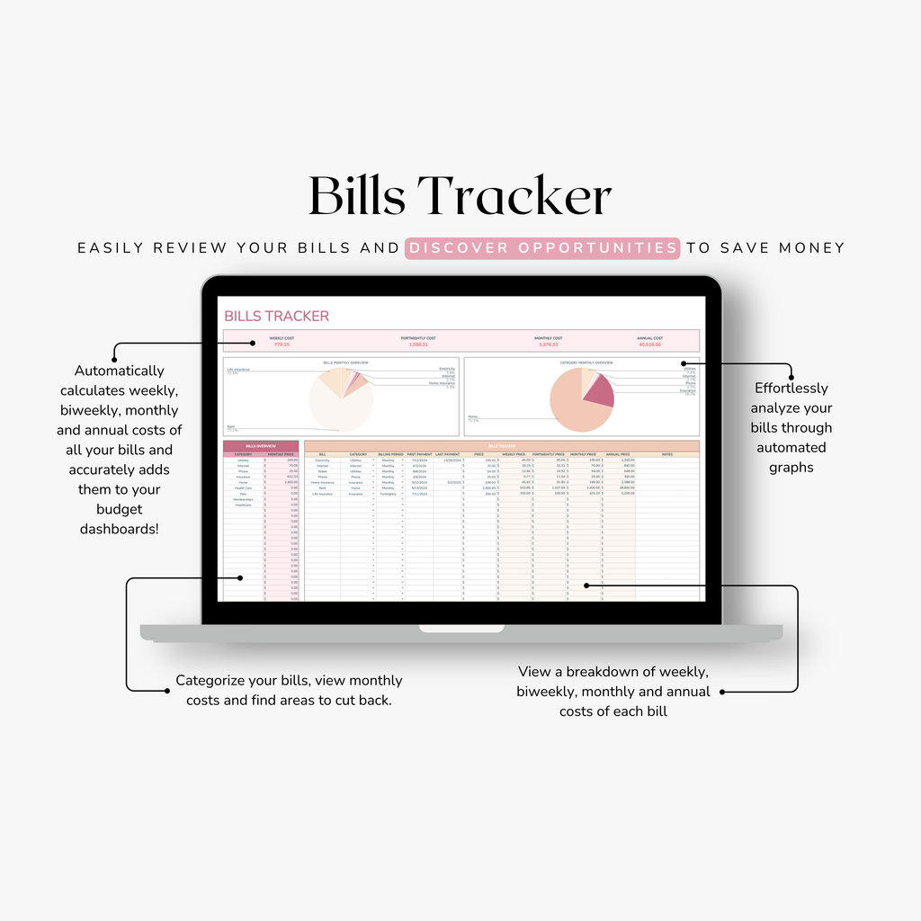 Bills tracker googlesheet on a laptop screen with text explaining features.
