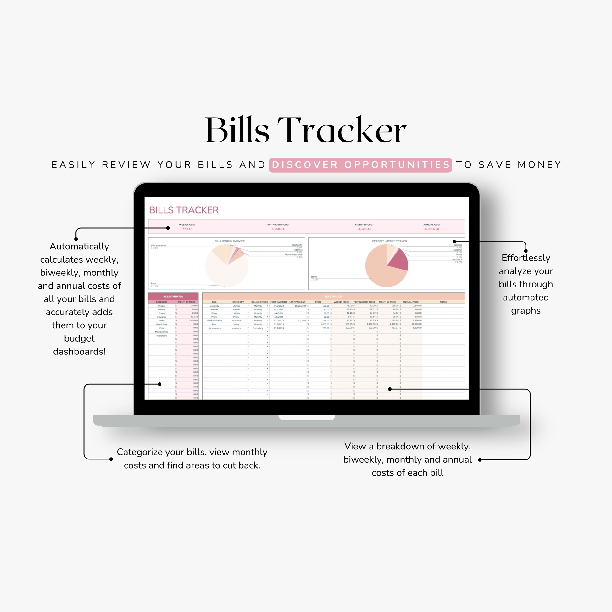 Bills tracker googlesheet on a laptop screen with text explaining features.