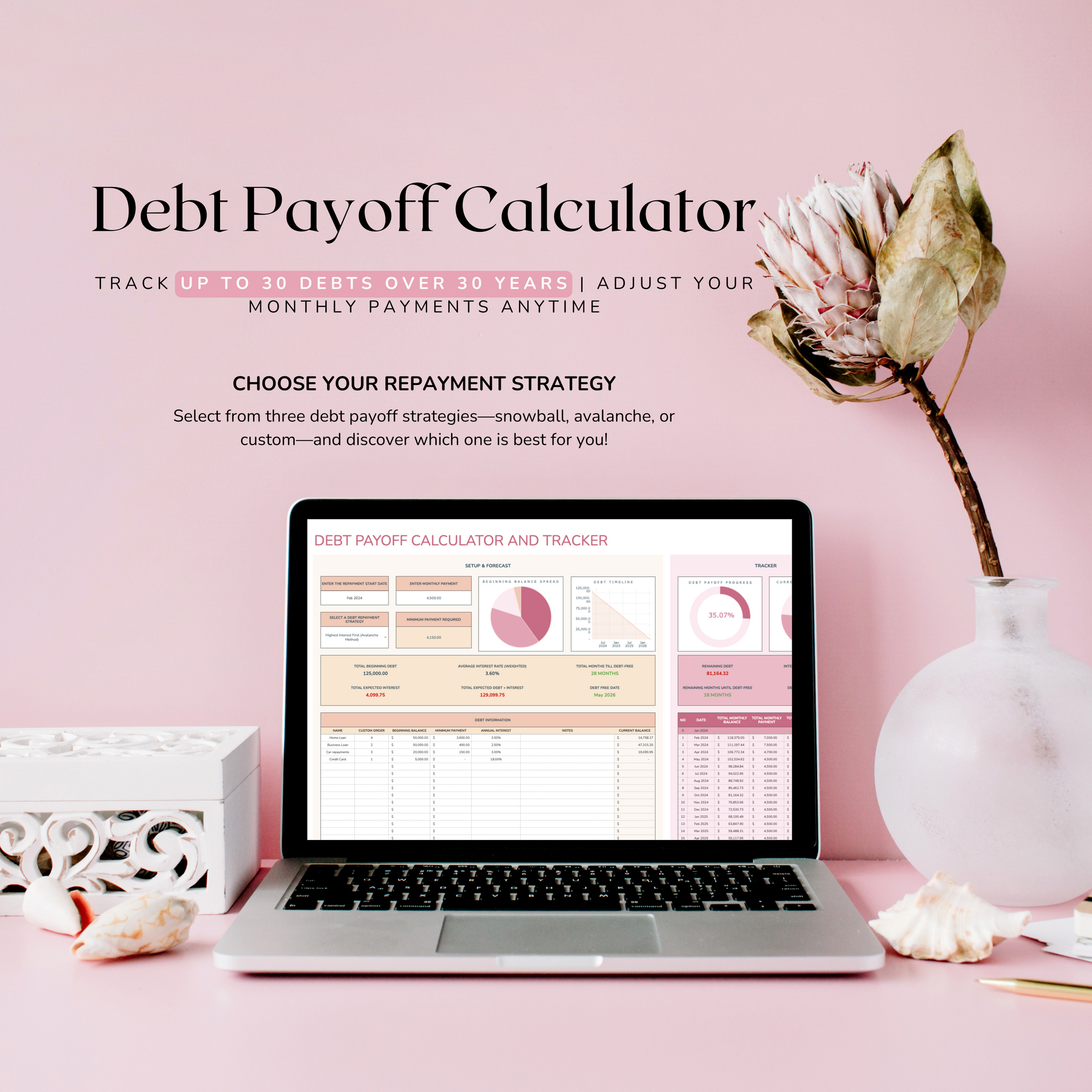 Laptop displaying a debt payoff calculator on a pink background with decorative elements.