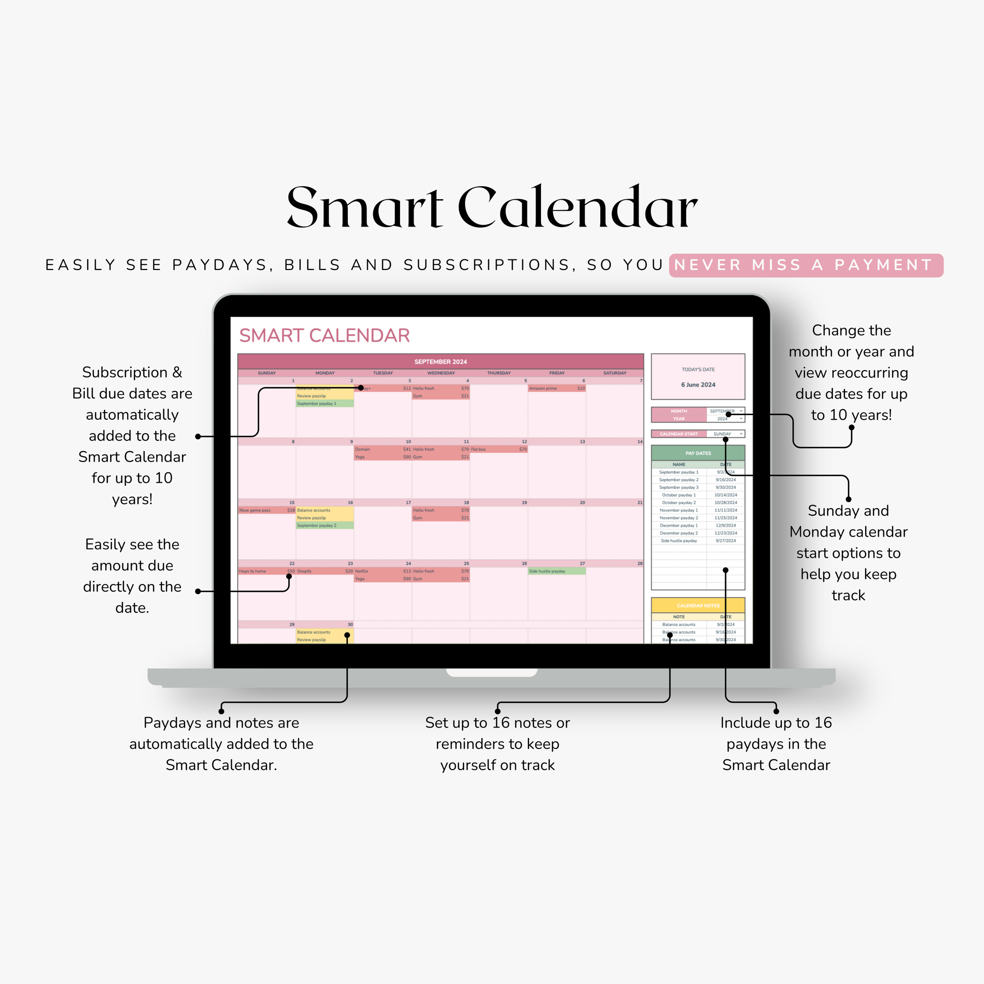 Smart Calendar spreadsheet on a computer screen with features listed on the right. Features include payday and notes present on the calendar. 